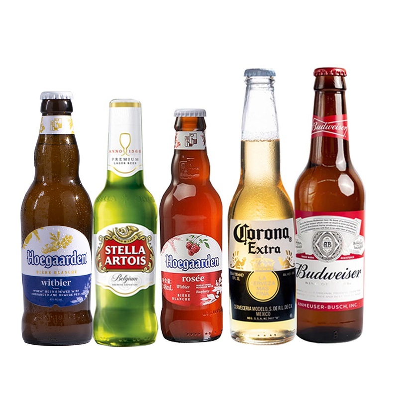 Premium Beer Bottle Trial Pack (1x Stella Artois 310ml, 1x Corona 330ml, 1x Hoegaarden White 330ml, 1x Hoegaarden Rosee 248ml, 1x Budweiser 330ml) – Total 5 Bottles