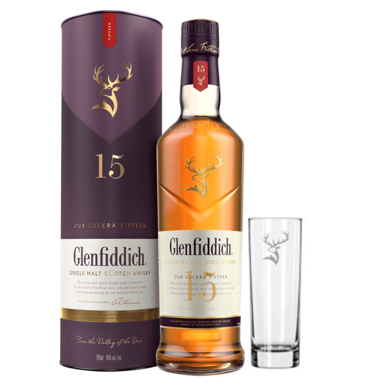 Glenfiddich 15 Year Old 700ml with Glenfiddich Highball Glass