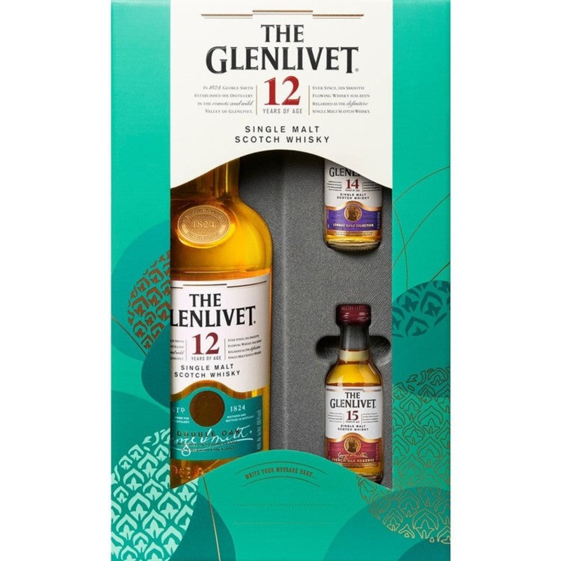 THE GLENLIVET SINGLE MALT SCOTCH 12YR 80 W/ 1-50ML THE GLENLIVET COGNAC CASK 14YR 80 & 1-50ML THE GLENLIVET FRENCH OAK 15YR 80 750ML 750ML