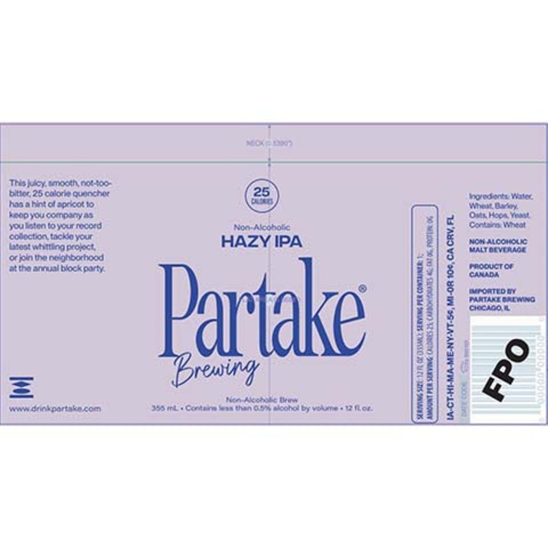 Partake Hazy IPA (Non-Alcoholic) 12OZ SINGLE CAN