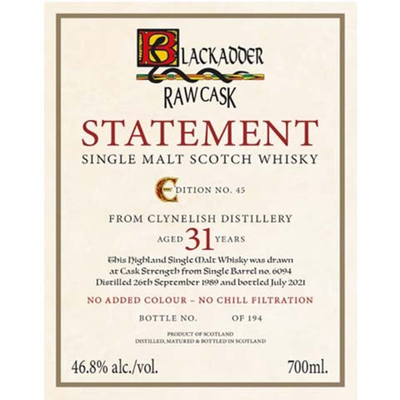 Blackadder Clynelish Single Malt Scotch Whisky 700ML BTL
