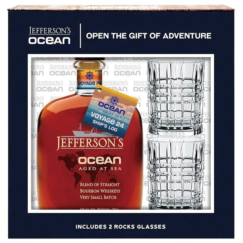 Jefferson’s Ocean Aged at Sea Very Small Batch Straight Bourbon Whiskey Gift Set w/2 Rock Glasses 750ML BTL WITH 2 GLASSES