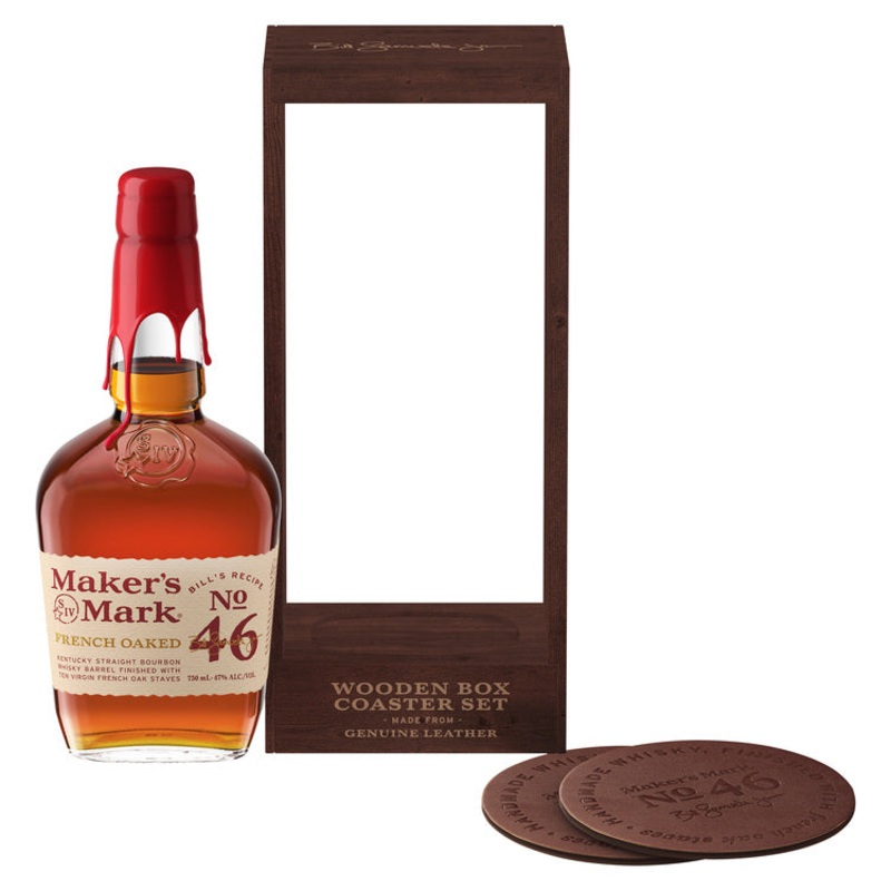 MAKER’S 46 STRAIGHT BOURBON 94 W/ WOOD BOX WITH 2 LEATHER COASTERS 750ML 750ML