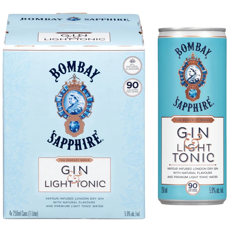 BOMBAY SAPPHIRE GIN & LIGHT TONIC 250ML 4PK CAN @ Kelowna [1031256] 1000 ml