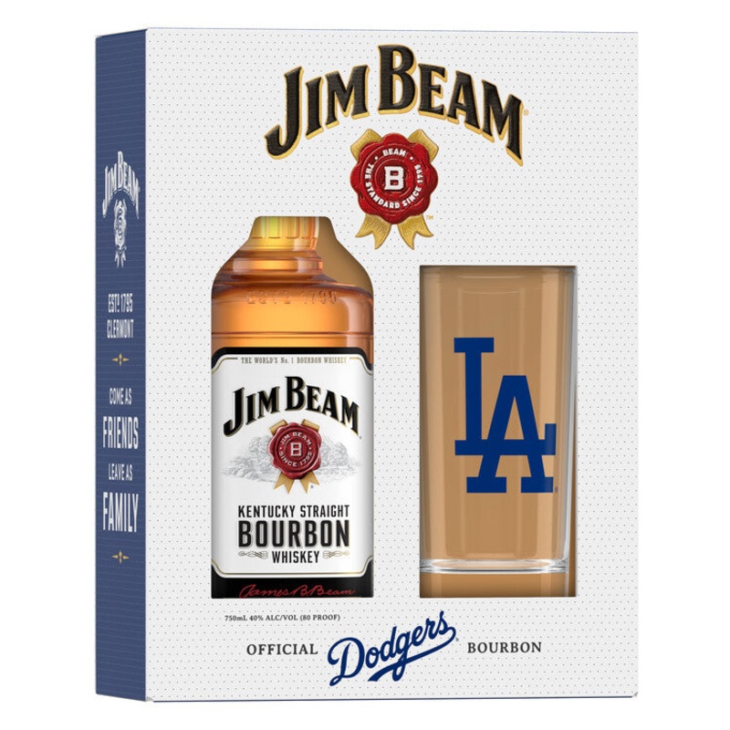 JIM BEAM STRAIGHT BOURBON WHITE LABEL 4 YR 80 W/ LOS ANGELES DODGERS HIGHBALL GLASS 750ML 750ML