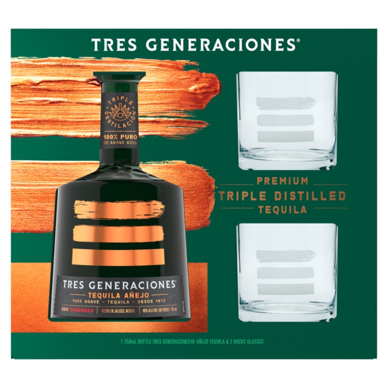 TRES GENERACIONES TEQUILA ANEJO 80 W/ 2 ROCKS GLASSES 750ML 750ML