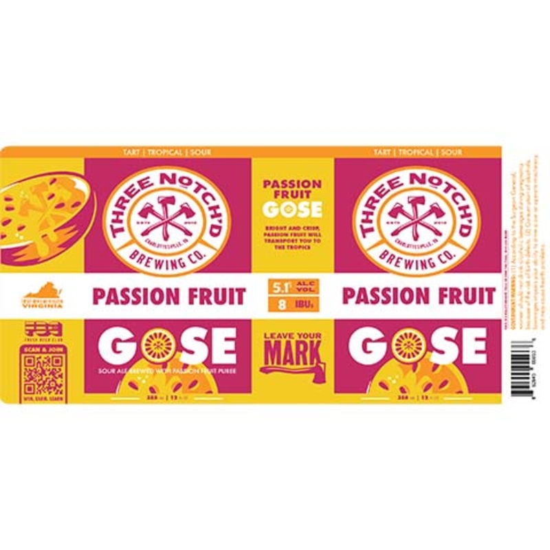 Three Notch’d Passion Fruit Gose Ale 12OZ SINGLE CAN