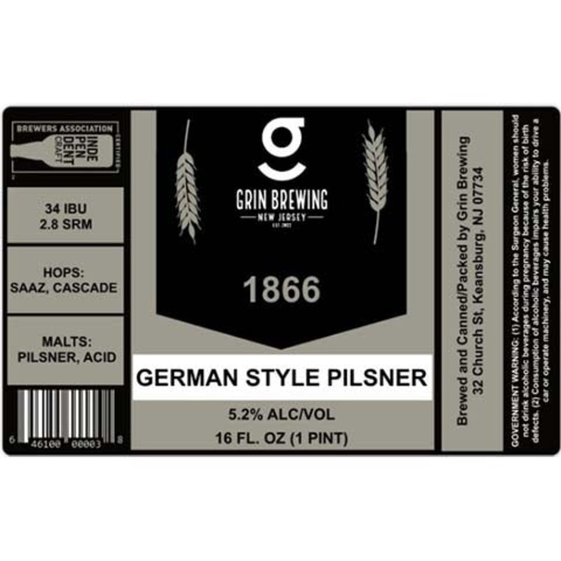 Grin 1866 Pilsner 16OZ SINGLE CAN